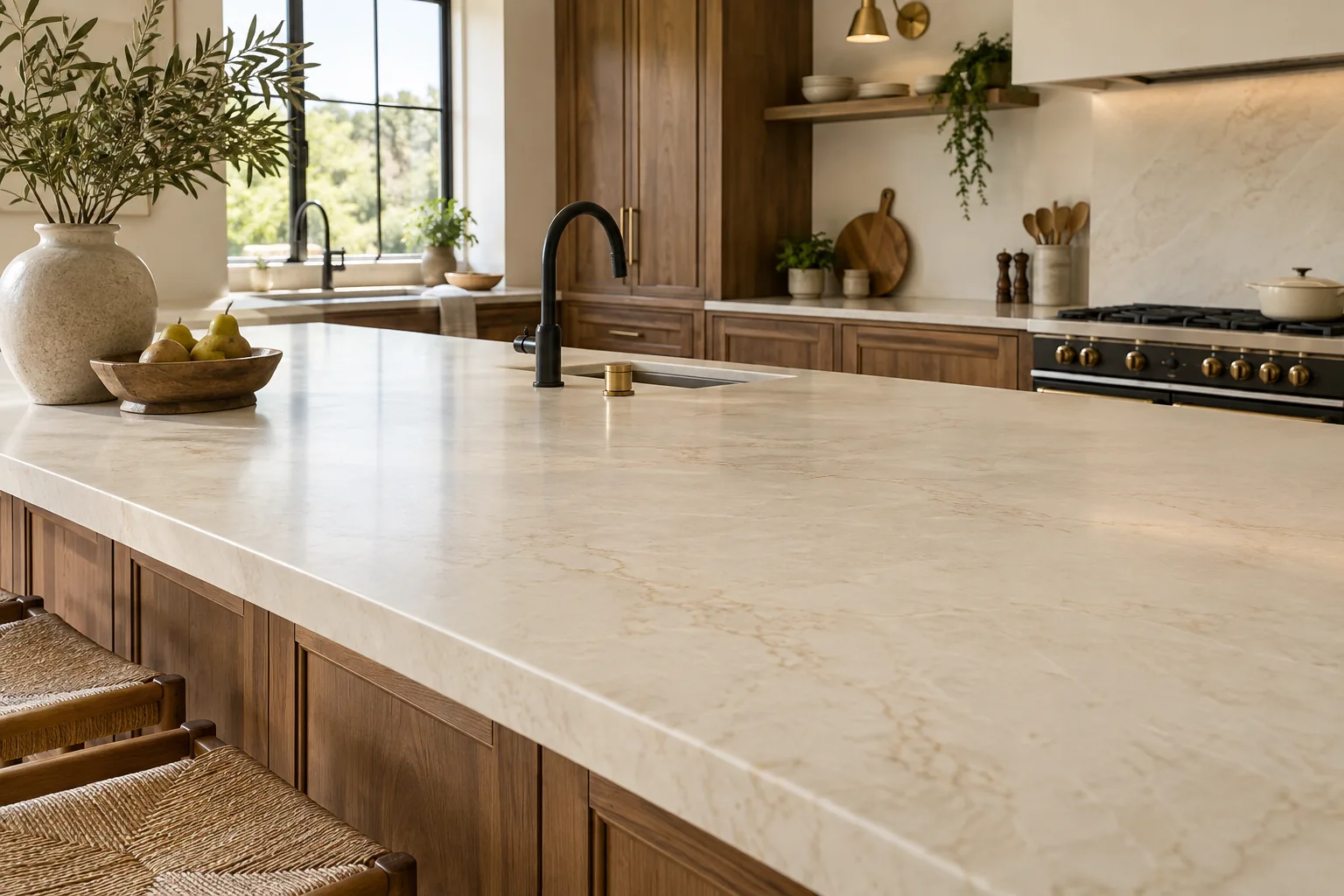 Ivory stone kitchen island, walnut cabinets and a black tap in warm natural light